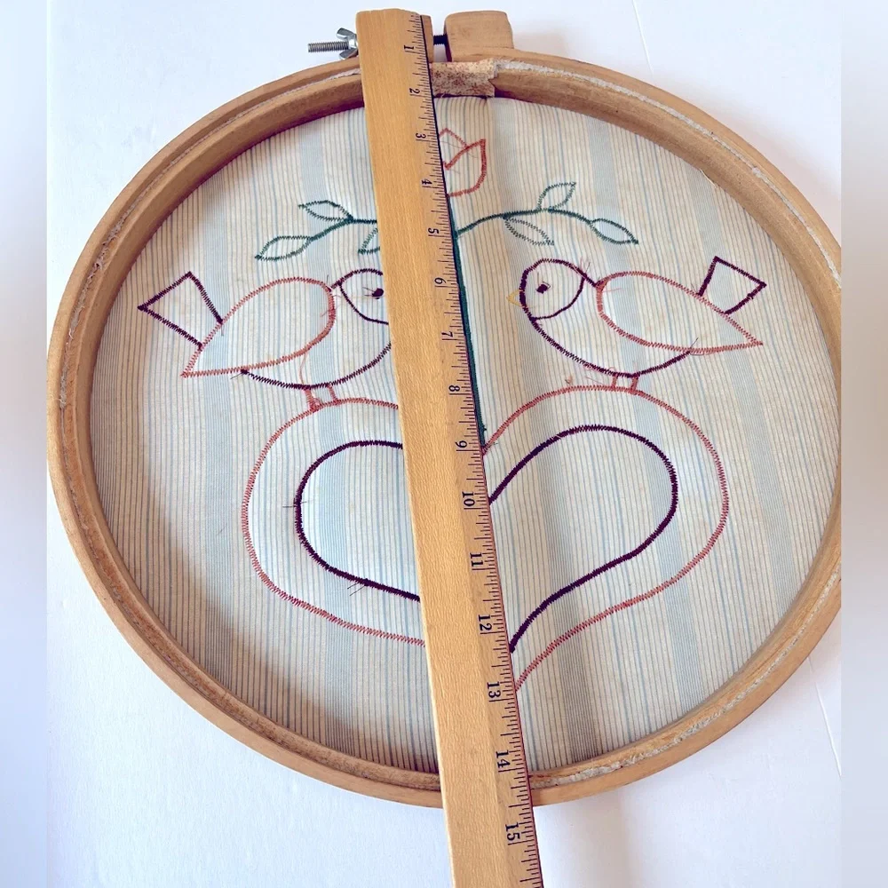 Vintage Appliqué Hoop Art with Two Brown Lovebirds and the Word Love in a Heart.